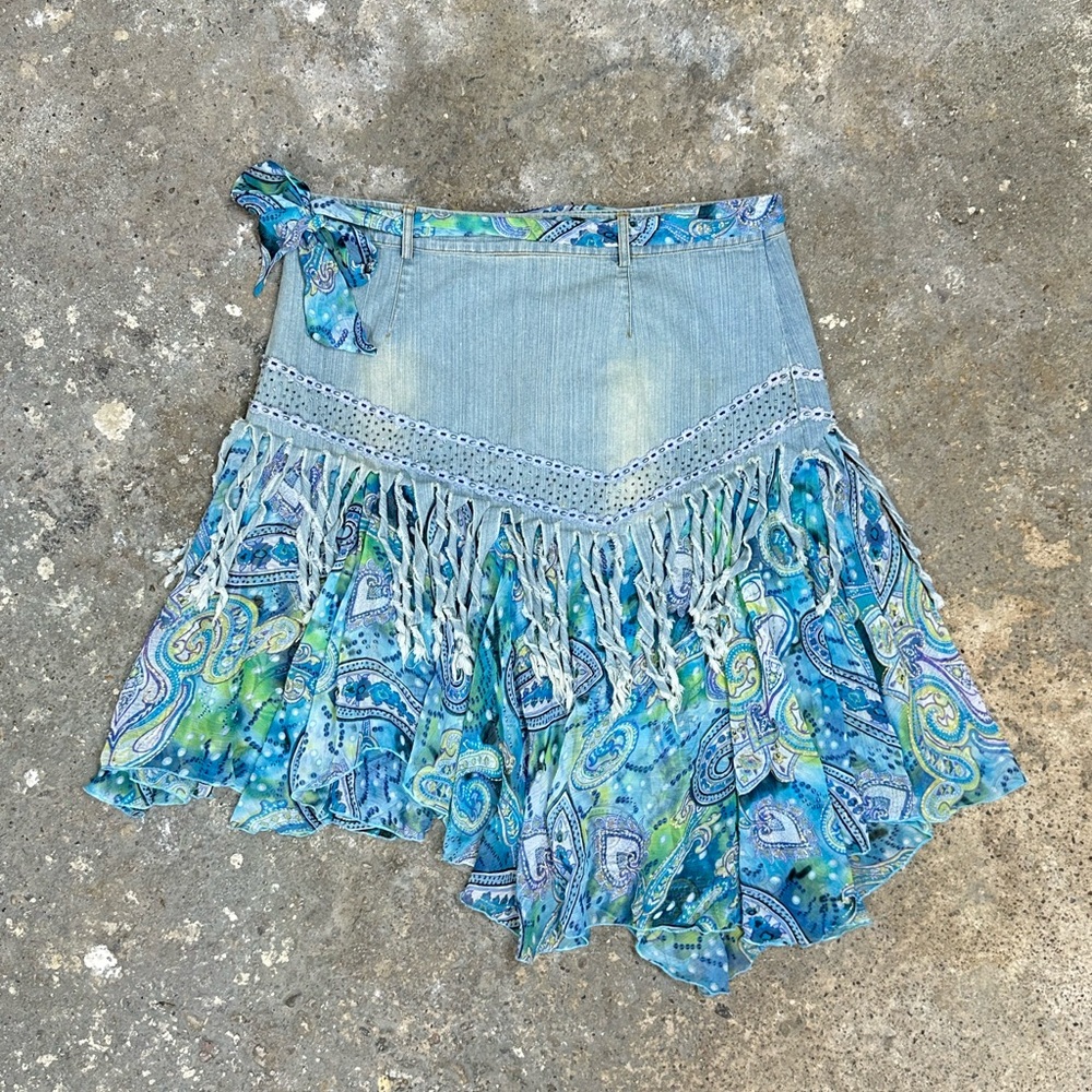 Y2K Fairycore Denim Paisley Frilly Skirt